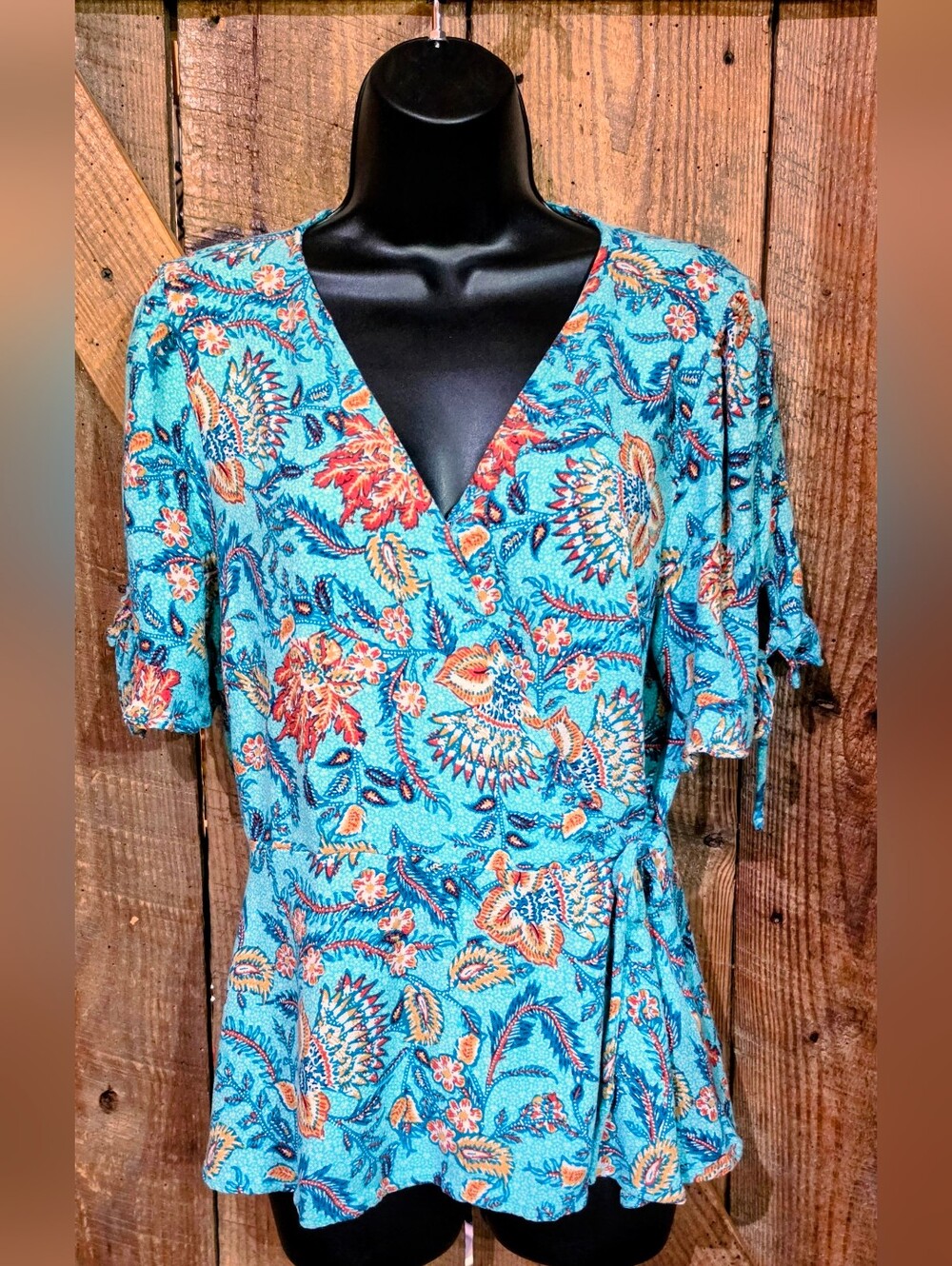 Maurices XL Blue Green Floral Faux Wrap Peplum Top Boho Fairy Tie Ruffle Sleeve